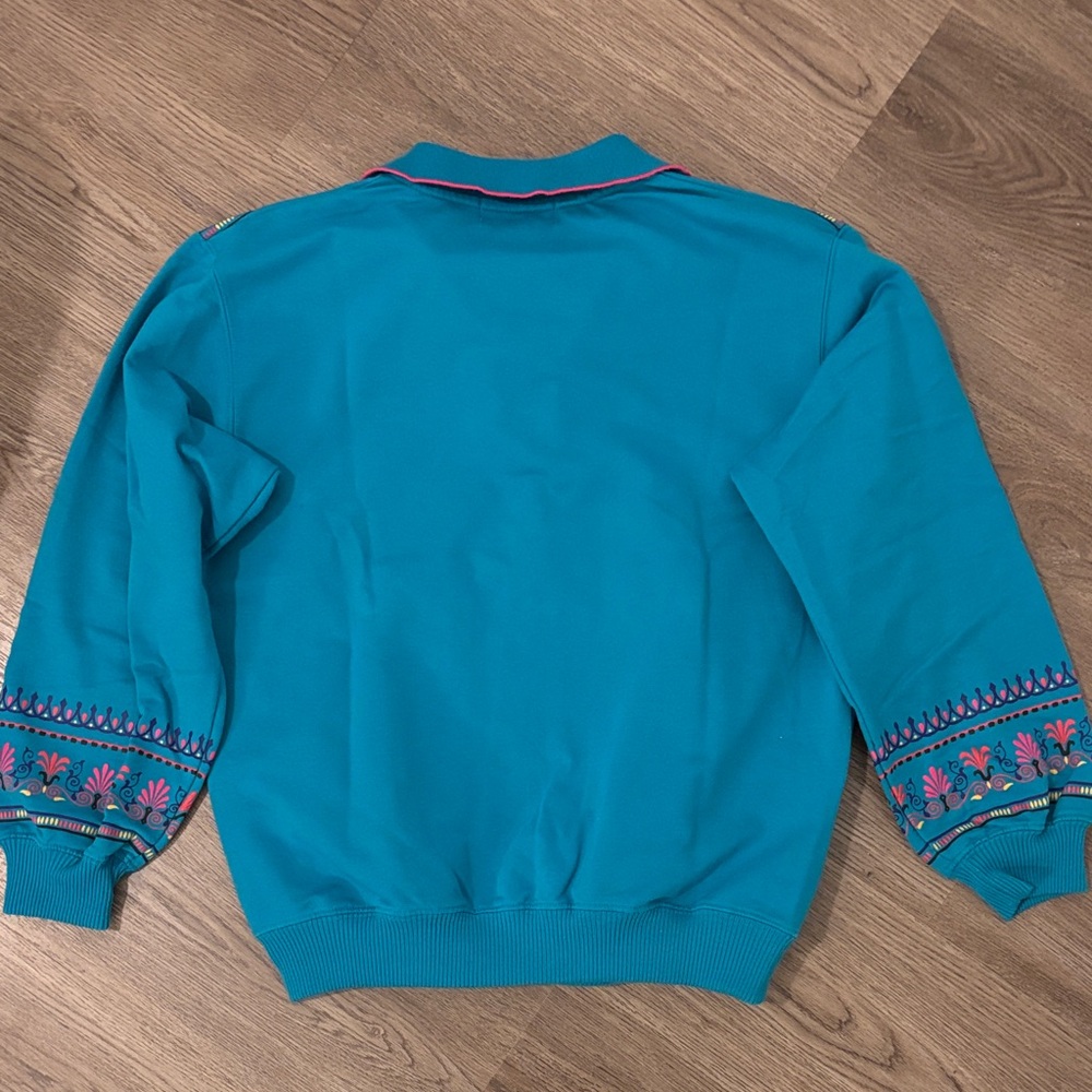 Vintage Petite Sophisticate Henley PS Blue Half Button Down Sweatshirt w Pockets - Picture 7 of 9